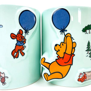 小熊维尼 朋友 氣球 浮雕 粉藍色 有耳 陶瓷杯 套裝 1套2隻